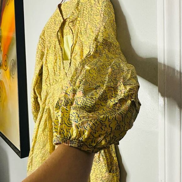 DEREK LAM COLLECTIVE Paisley Yellow Floral Puff Sleeves Flared Hemline Dress 48 - Picture 11 of 12